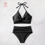 fulaide- Wrinkled Bikini Set Bikini Set with Pleated Design 2pcs Summer Bikini Set Women Halter Padd
