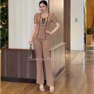 { CODE TM9 } Home Wear Set Square Collar Shirt with Flared Pants, soft and cool sesame elastic fabri