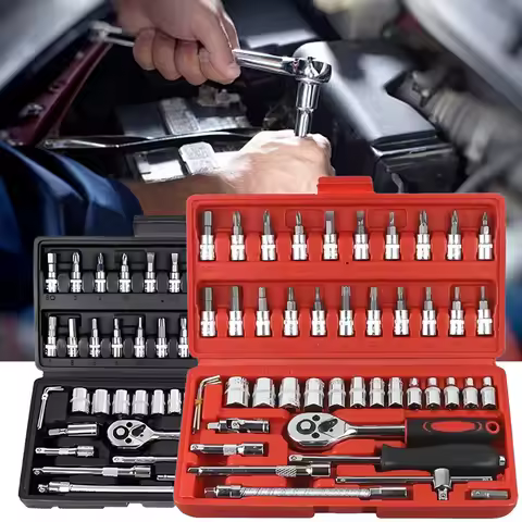 46pcs Car Repair Tool Kit 1/4-Inch Socket Set Car Repair Tool Ratchet Torque Wrench Combo Auto Repai