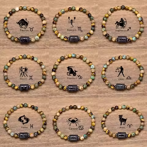6MM Natural 12 Constellation Zodiac Signs Beads Couples Bracelet Men Women Tiger Eye Stone Beaded Br