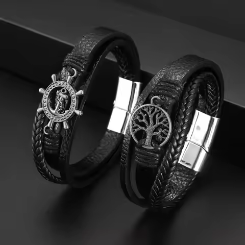 Fashion Tree of Life Element Black Leather Bracelet Quality Metal Buckle Charm Men's Leather Bracele