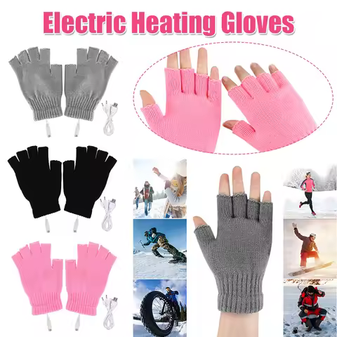 Women Men Hand Warmer Winter Warm USB Electric Heated Gloves Fingerless 5V Rechargable for Sports Sk