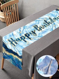 1入組藍色生日派對桌旗,180*35cm藍色金色銀色大理石紋桌布,適用於生日派對桌面裝飾