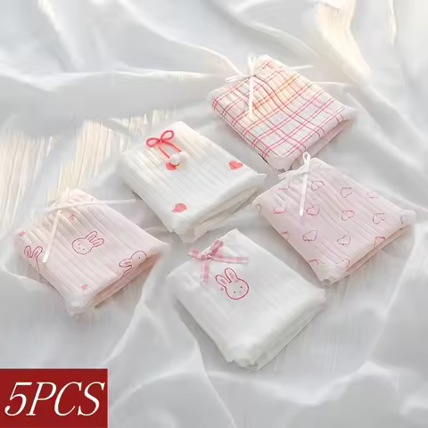 5Pcs/Set Cute Rabbit & Heart Briefs Women's Sweet Style Cotton Panties Mid-Rise Breathable Underwear