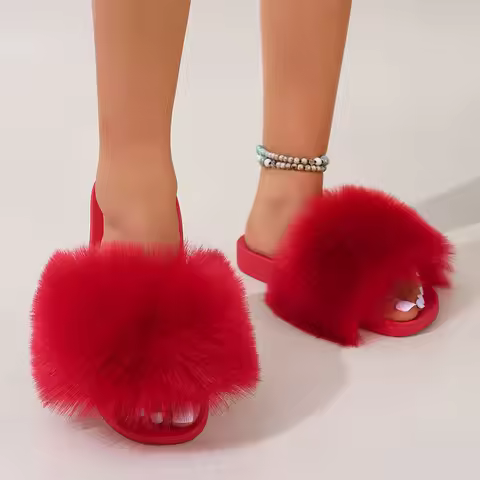 Multicolour Fur Slides Colorful Shoes Furry Fur Slippers Y2k