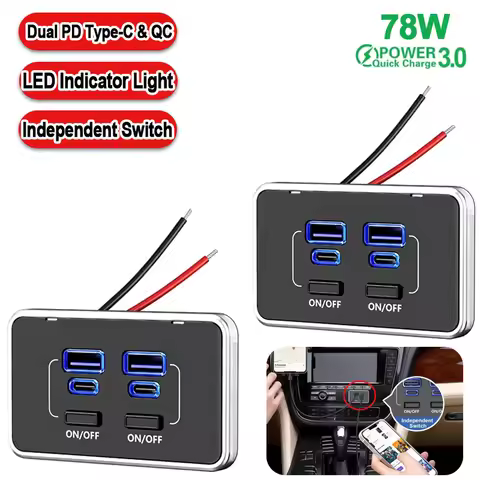 78W Dual PD Dual QC3.0 Car Fast Charger Socket with Switch 4 Ports Power Panel 12V RV USB Adapter Fo