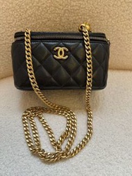 Chanel/香奈兒 愛心黑金愛心荔枝紋長盒子做舊鏈條包化妝盒