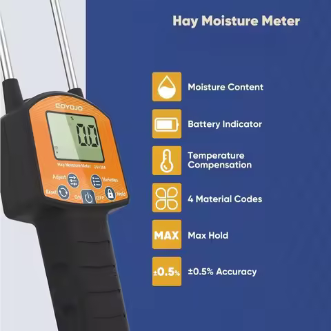 Accurate Probe Hay Moisture Tester Temperature Detect for Forage Alfalfa LED Automatic Portable Hay 