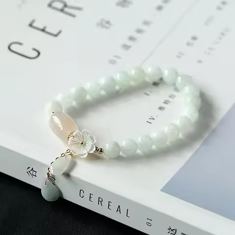 Original Design Natural Jade Bracelet Women's Ins14K Gold Wrapped Shell Flower Bangle Droplet Style 