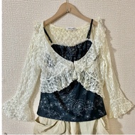[Used Japanese] Creamy white bolero lace jacket, ruffle collar, size M, code 1790, full 149 fs, with