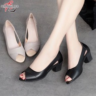 QiaoYiLuo รองเท้าแตะหญิง รองเท้าส้นตึก ใหม่ รองเท้าคัทชูผู้หญิง รองเท้าหุ้มส้น เปิดหน้า รองเท้าส้นสูงแฟชั่น ส้นเหลี่ยม สไตล์เรียบง่าย