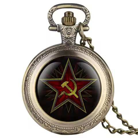 Pentagram Party Emblem USSR Soviet Badges Hammer Sickle Black Quartz Pocket Watch Russian Army CCCP 