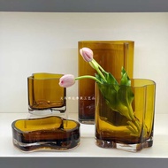 HJM-Nordic Light Tea-Colored Irregular Geometric Glass Vase Living Room Hotel Dining Table