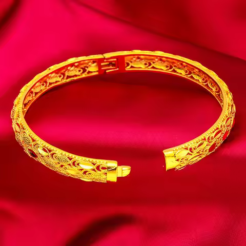 24K Gold AU999 Women's Feather Clasp Bracelet - 3D Feather Relief , Clasp Design Easy Wear, Luxury D