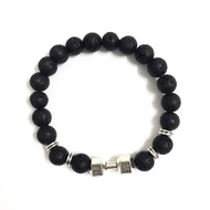Black Stones Alloy Dumbbell Men’s Beaded Elastic Bracelet