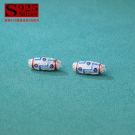 S999 Pure Silver Drip Oil Burning Blue Dzi Beads Barrel Beads Straight Tube Spacer Beads DIY Bracele