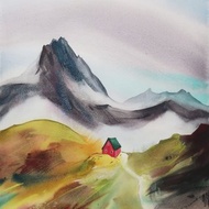 Autumn mountain landscape. Watercolor painting on paper