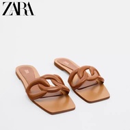 Zara Women's Shoes 2022 Summer Brown Quilted Cow Leather Flat Bottom Open Toe Outer Sandals Women
