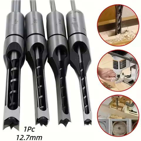 Woodworking Square Hole Punch Bit Set |12.7mm Spiral Slot Chisel Bits with Round Shank | For Wood Dr