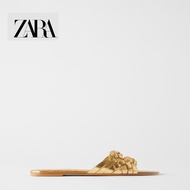 Zara Women's Shoes Golden Square Toe Braided Metal Flat Sandals Women