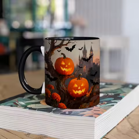 1pc Halloween-themed Ceramic Coffee Mug with Double-sided Pattern Design, Reusable, Easy to Hand-was