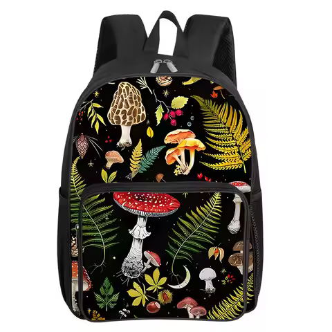 Jungle Mushrooms Pattern Square Front Pocket Backpack for Boy and Girls Best Gifts 3D Cartoon School