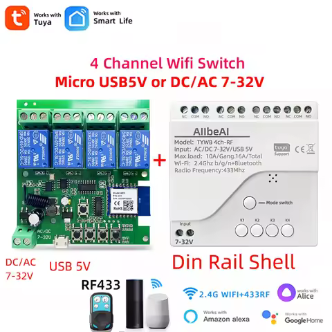 4CH Tuya Smart Wifi Motor Switch Module,DC 12V 24V 32V,RF433 Radio Remote Control,4 Channel Inching 
