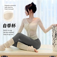 Women Long Sleeve Yoga Top With Built In Bra Padded Mesh Patchwork 2 in 1 Pilates Workout Shirt Quic