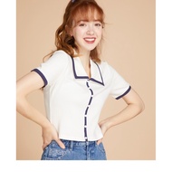 Cache Cache Short Sleeve Square Collar Vintage Knit Top