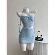 Cute Women's 2-Piece Wool Bodysuit Set with Bow Embroidery – Crochet Top and Sexy Slim Wool Skirt Se