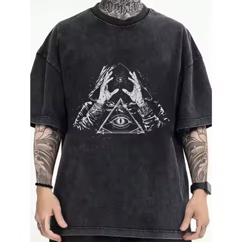 Men'S 100% Cotton Washed Gothic Casual Crew Neck T-Shirt Short Sleeve Creative Painting Eye Print Lo
