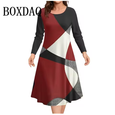 Autumn Winter New Ladies Pus Size Casual Dress 9XL Fashion Round Neck Geometry Printing Loose Long S