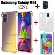 (4in1) สำหรับSamsung Galaxy M51 M31 M21 M11สี่มุมAnti-Drop Gradientโทรศัพท์มือถือเคสโทรศัพท์ + กระจกเทมเปอร์ฟิล์ม + คาร์บอนไฟเบอร์ฟิล์มด้านหลัง + กล้องฟิล์มเลนส์