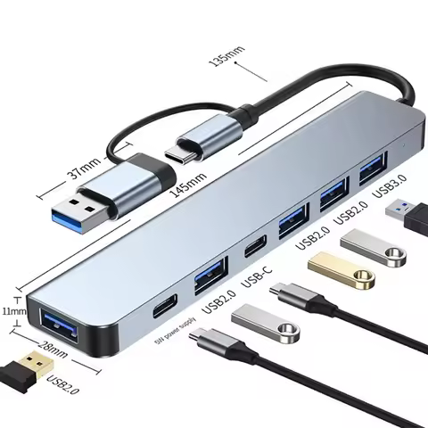 7 Ports USB C HUB USB 3.0, Aluminum 7 in 1 USB Type C Extender, USB Splitter with 1 X USB 3.0, 4 X U