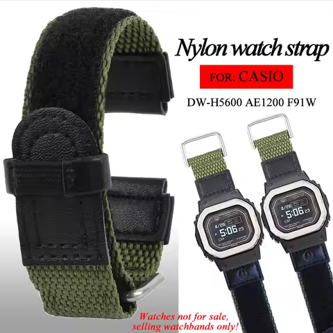 For Casio AE1200 F91W DW-H5600 HOOK LOOP Nylon canvas watch band SGW-300/400/500 Military green stra