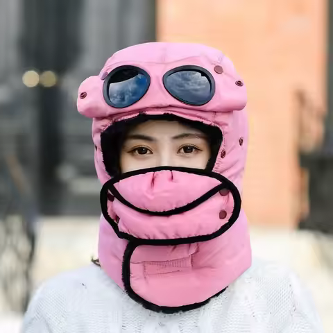 Fashion Detachable Mask Winter Thermal Hat with Glasses Thick Earflap Bomber Hats 4 in 1 Anti-Fog Ru