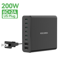 Rocoren 200W USB Type C ที่ชาร์จ8 In 1ที่ชาร์จแบบเร็ว PD QC เครื่องชาร์จตั้งโต๊ะ8พอร์ตสำหรับ iPhone 
