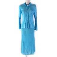 PLEATS PLEASE Issey Miyake PP22-JJ853/PP22-JG855 格紋長袖襯衫+長裙兩件套，淺藍色，3碼，日本製造，正品，女款
