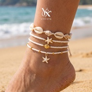 YX Shell Pearl Anklet 4Pcs Set Y2K Aesthetic Dainty Beach Holiday Summer Jewelry Accessories For Wom