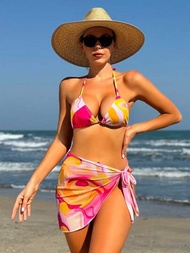 Bañador De Dos Piezas Para Mujer Con Cuello Halter Y Falda Cubierta Impresa 3 Piezas / Conjunto (impresión Aleatoria), Traje De Baño Bikini Para Playa De Verano