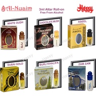 Al Nuaim 3-ML Mix Attar White Oud, Gold, Bhurj Khalifa, Choclate Musk, Aseel, Madinah, Fawakeh, Zam Zam..