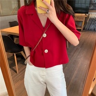 Women Vintage Single-breasted Blazer Top Lapel Neck Short Sleeve Red Shirts