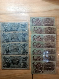 Uang kuno wayang 5 gulden 7 lembar dan 10 gulden 4 lembar VF