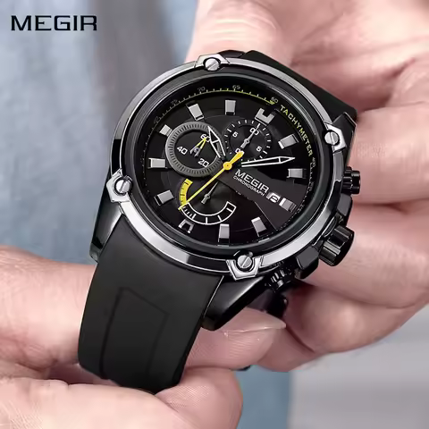 MEGIR Chronograph Luxury Brand Men Sports Watches Silicone Strap Quartz Casual Wristwatch Waterproof