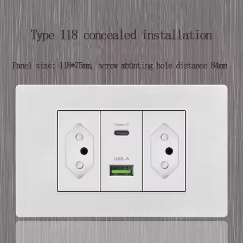 Type 118 US 20A 3/6/9 Hole Brazilian Standard + USB + Type-c Socket South America Wall Socket Concea
