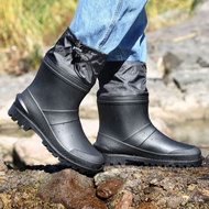 W-6&amp; Rain Boots Men's Short Tube Waterproof Shoes Non-Slip Fishing Shoe Cover Fleece-lined Rubber Boots Cotton Cover Sil