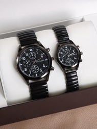 2 piezas Reloj de pulsera elegante clásico redondo de pareja cuarzo con negro elástico banda