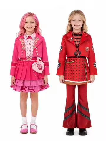Film and TV cosplay costume for girls: red heart + pink printed four-piece dress set (jacket + top +