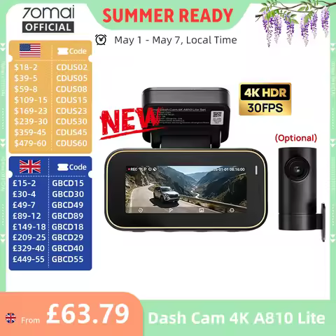 70mai New Genuine Dash Cam 4K A810Lite HDR Supercapacitor 4G LTE Remote Control Wi-Fi 6 GPS Voice Co