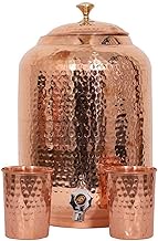 Handicraft-World Indian Handmade Hand Hammered Pure Copper Water Dispenser Pot 4 Liter Ayurveda Healing Water Storage Tank Copper Bottle Mug Pitcher With 2 Hammered Glasses (7 Liter)